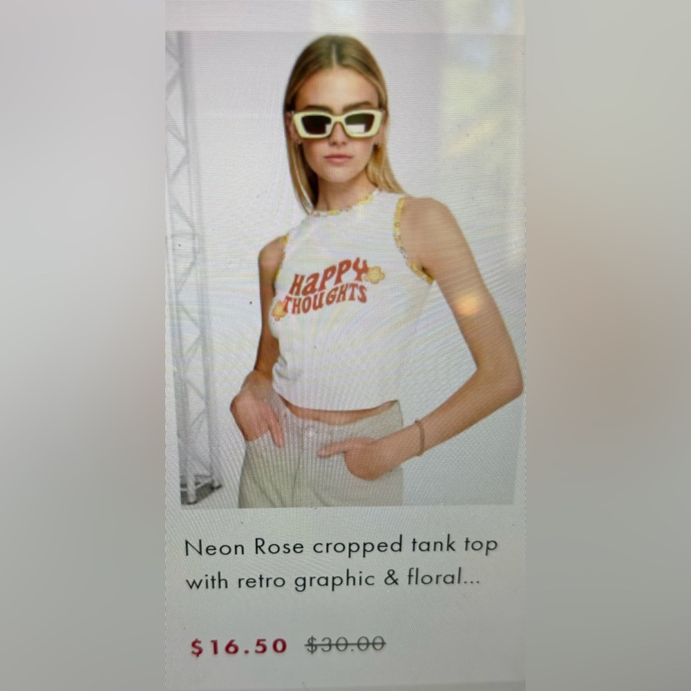Neon Rose cropped tank top with retro graphic and floral design